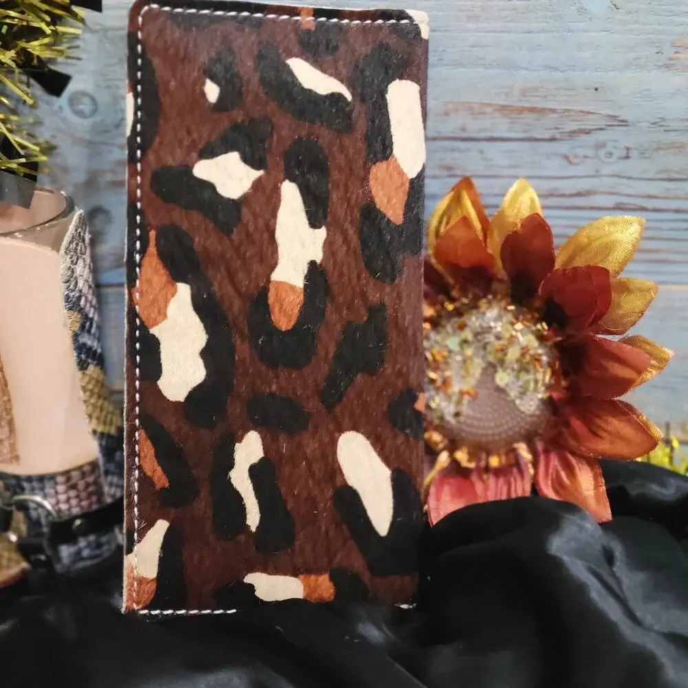 Horse Concho Mens Wallet Cowhide Long Bifold, Genuine Leather Wild Cat Print